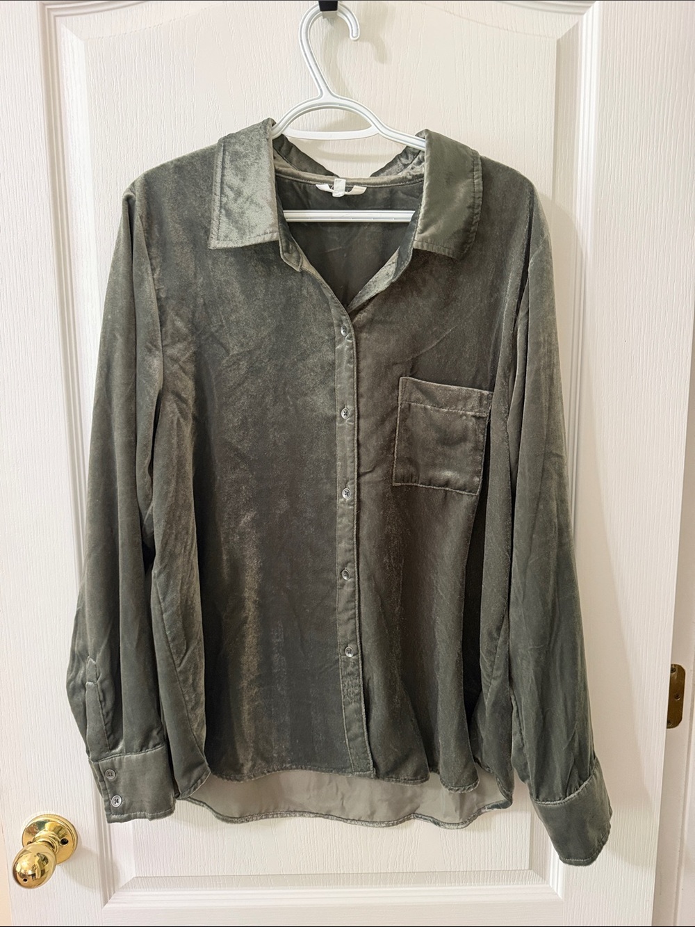 Splendid Olive Green Velvet Top with Classic Collar